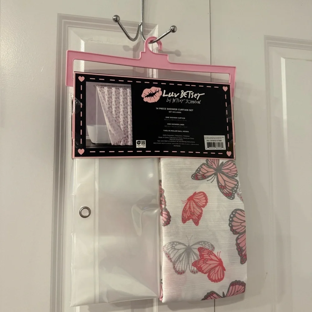 Betsey Johnson Pink and White Butterfly Shower Curtain Set NWT